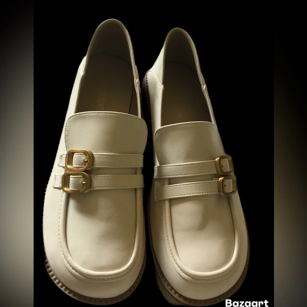 Gangming Cream Double-Buckle Loafers with Gold Hardware